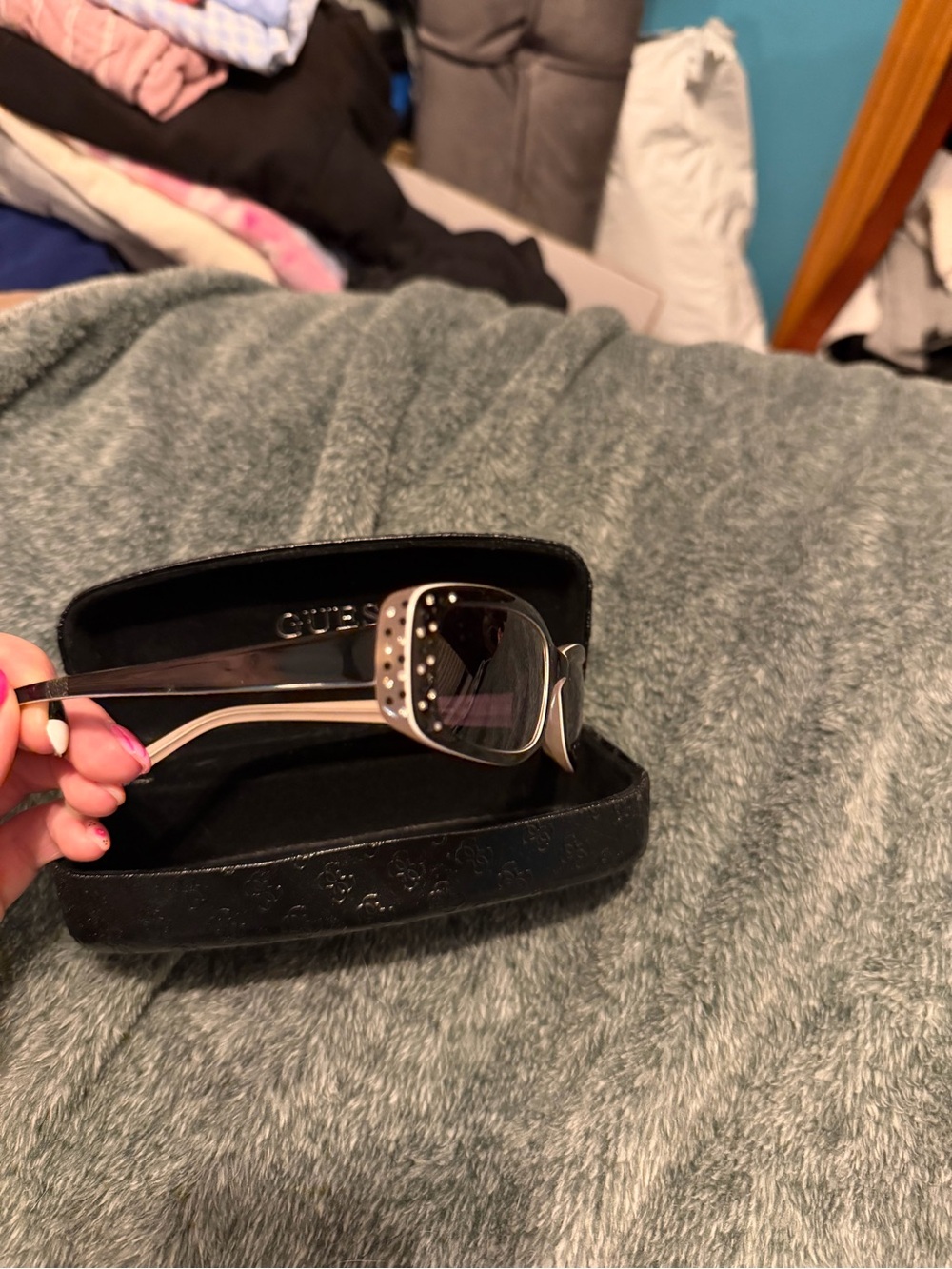 GUESS Black Rhinestone Accent Rectangle Sunglasses - Picture 3 of 5